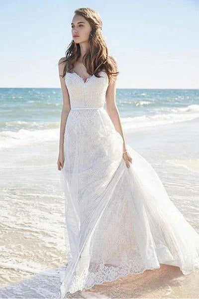 Snag Fabulous Fashion Bargains Chic A-Line Sweetheart Backless Lace Beach Spaghetti Straps Long Wedding Dresses