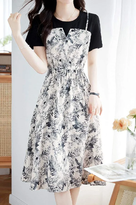 Hot Deals Layered Look Round Neck Floral String Dress