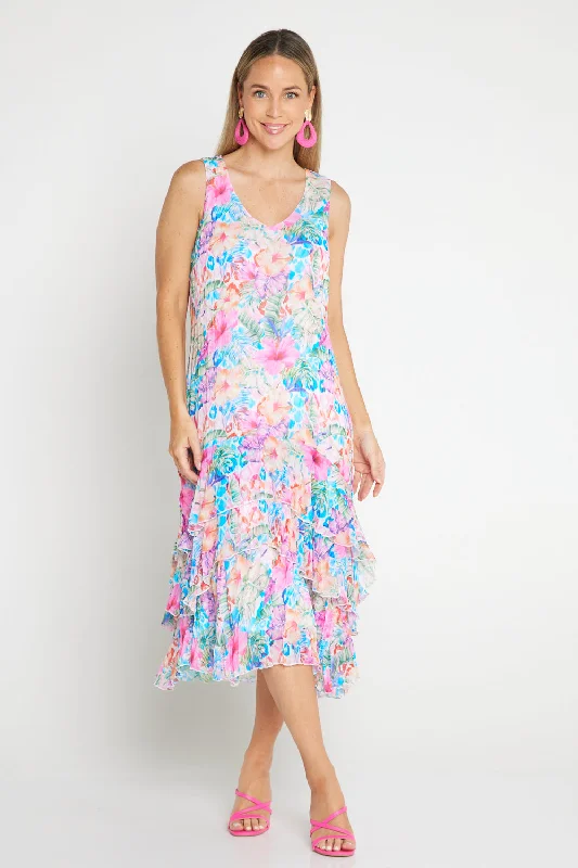 Budget Friendly Georgette Digital Print Tiered Dress - Sapphire Blooms (Pink Floral)