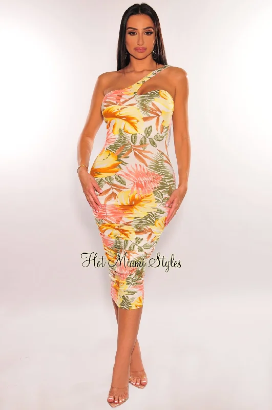 Chic Trends Unveiled Off White Multi Color Floral Print One Shoulder Ruched Dress