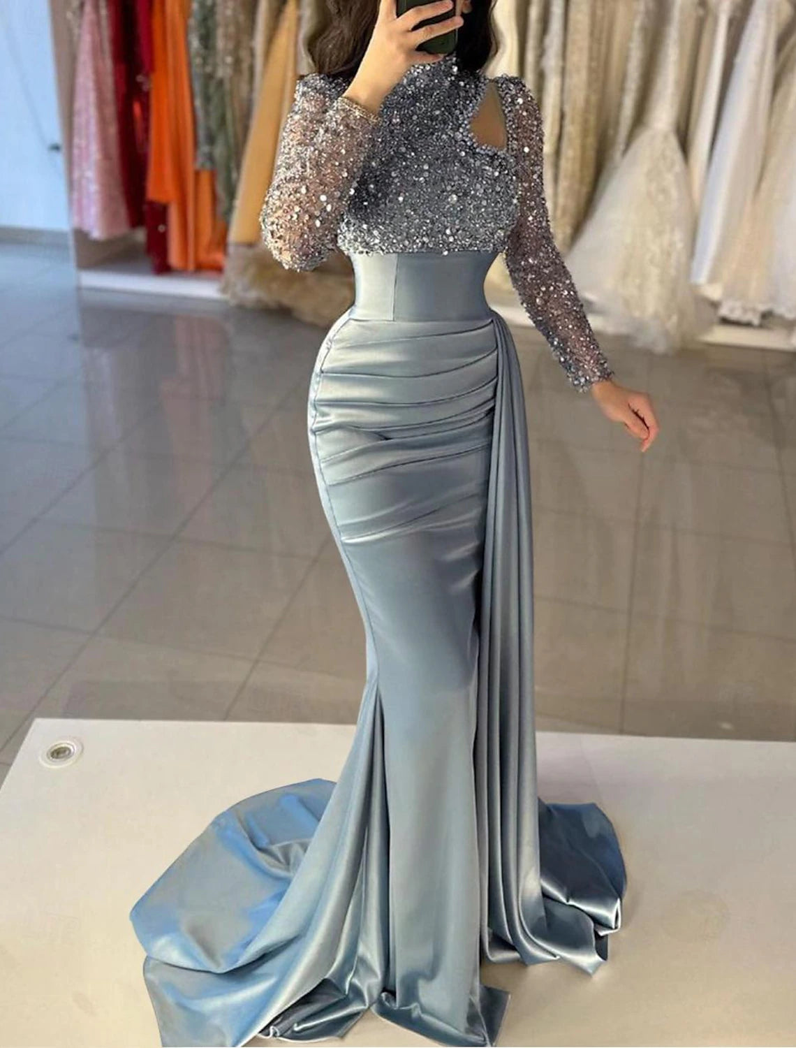 Quality Driven Apparel Mermaid Gown Elegant  Formal Train Long Sleeve High Neck Satin with Pearls Sequin Evening Dress