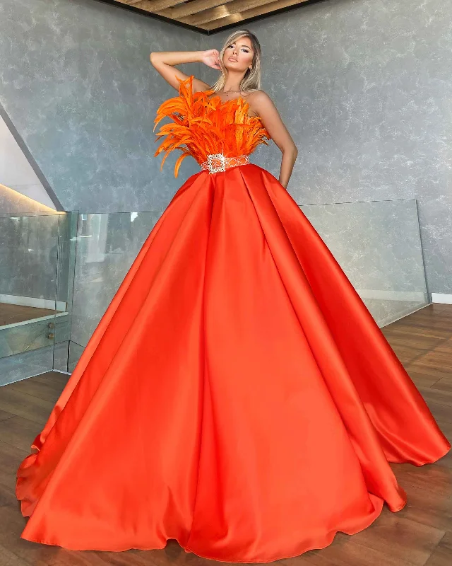 Clearance Event Strapless Orange Feathered Ball Gown