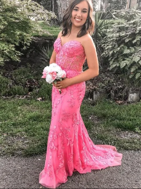 Trend Leading Collection Gorgeous Pink Lace Long Sweetheart Sleeveless Mermaid Appliques Prom Dresses