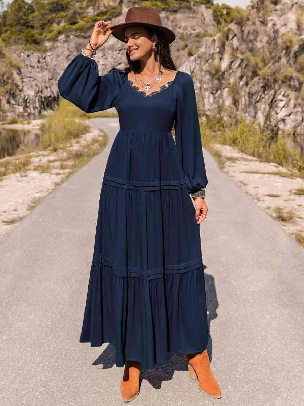 Buy More, Save More Long Sleeve Lace Trim Maxi Dress