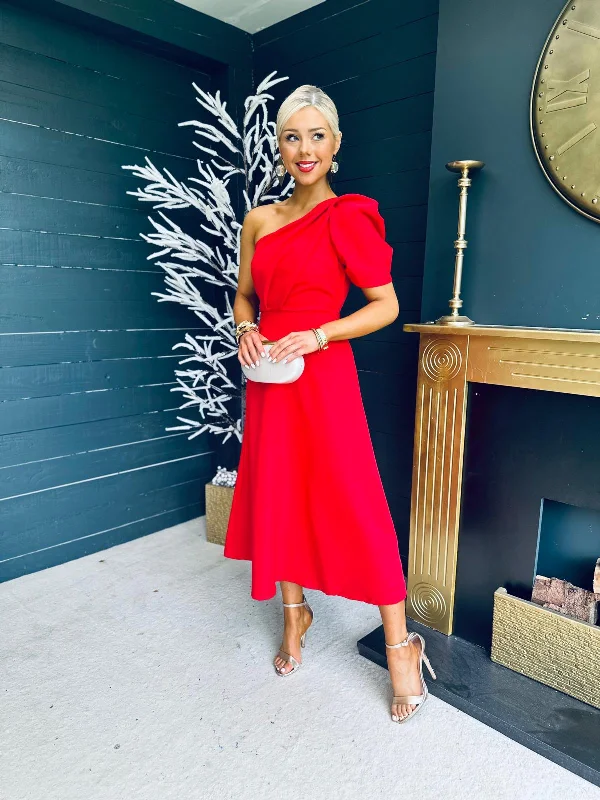 Catch Every Fashion Trend Margaret One Shoulder Occasion Midi Dress Red