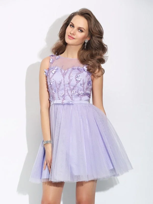 Chic Sophistication A-Line/Princess Bateau Applique Sleeveless Short Satin Dresses