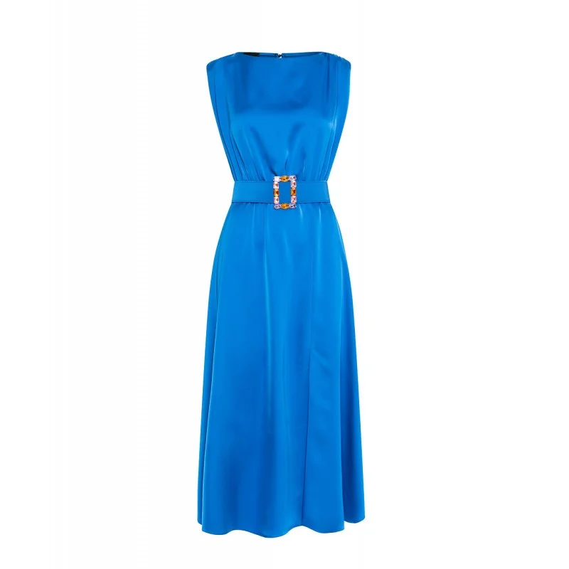 Romantic Detailing Access Midi Blue Satin Dress With Belt