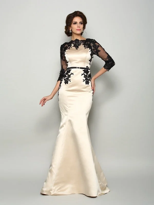 Feminine Charm Trumpet/Mermaid Bateau Lace 1/2 Sleeves Long Satin Mother of the Bride Dresses