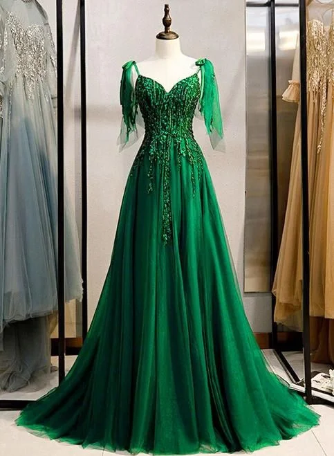 Budget Saver A-Line Sleeveless Beaded Green V-Neck Prom Dress       S2131