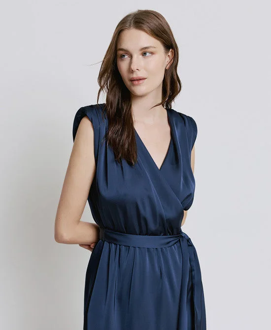 Trend Driven Wardrobe Access Fashion Navy Satin Dress With Tie Belt