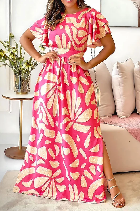 Early Access To Art Deco Styles Sale Graphic Print Ruffle Sleeve Urban Belted Side Slit Maxi Dress