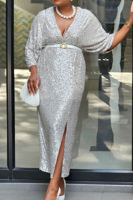 Ride The Style Wave Sequined Glittery V Neck High Split Belted Maxi Dress