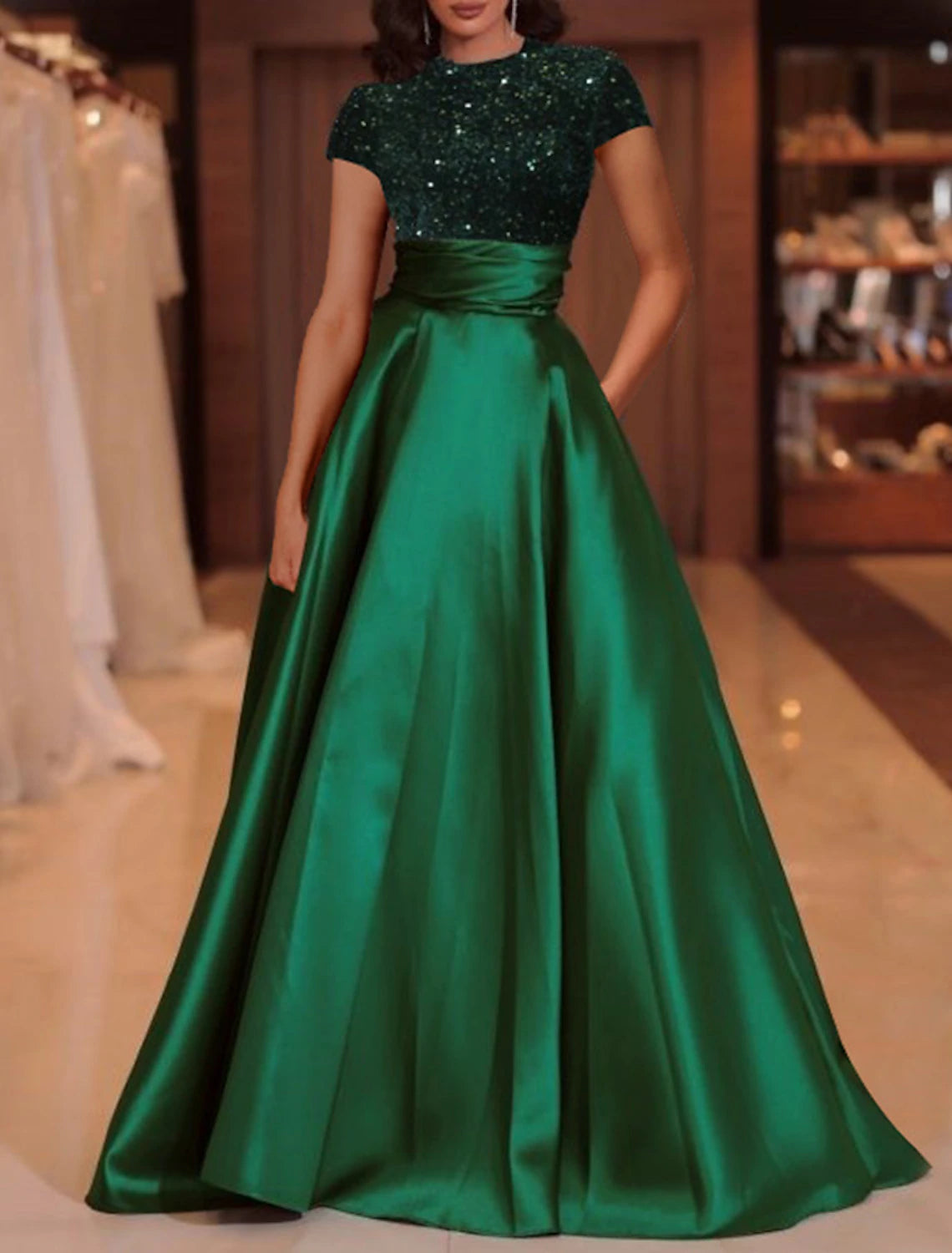 Chic Trends For The Fashion Savvy Gown Elegant Dress Floor Length Short Sleeve High Neck Satin with Sequin Evening Dress