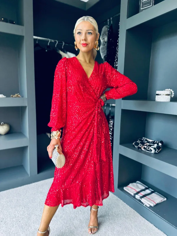 Quick Grab Deals Jemma Sequin Wrap Midi Dress Red