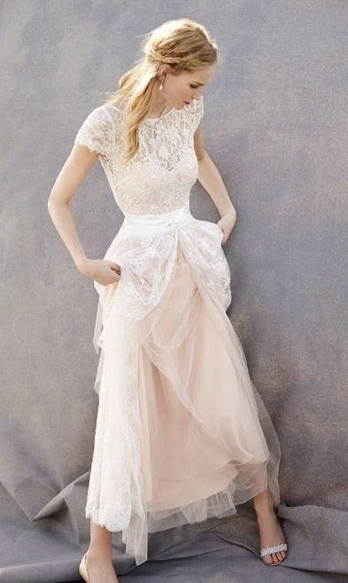 Pastel Styles Lovely Blush Pink Tulle Lace Bridal Dress Cap Sleeves Sleeveless Wedding Dress