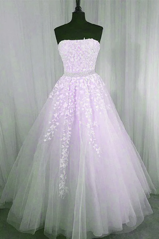 Wardrobe Refresh Light Purple Tulle Strapless Lace Applique Long Formal prom Gown    cg21622