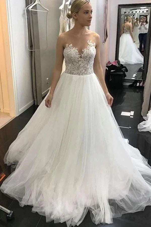 Summer Fashion Flossy A Line Sleeveless Lace Ivory Tulle Wedding Dresses Bridal Gown with Appliques