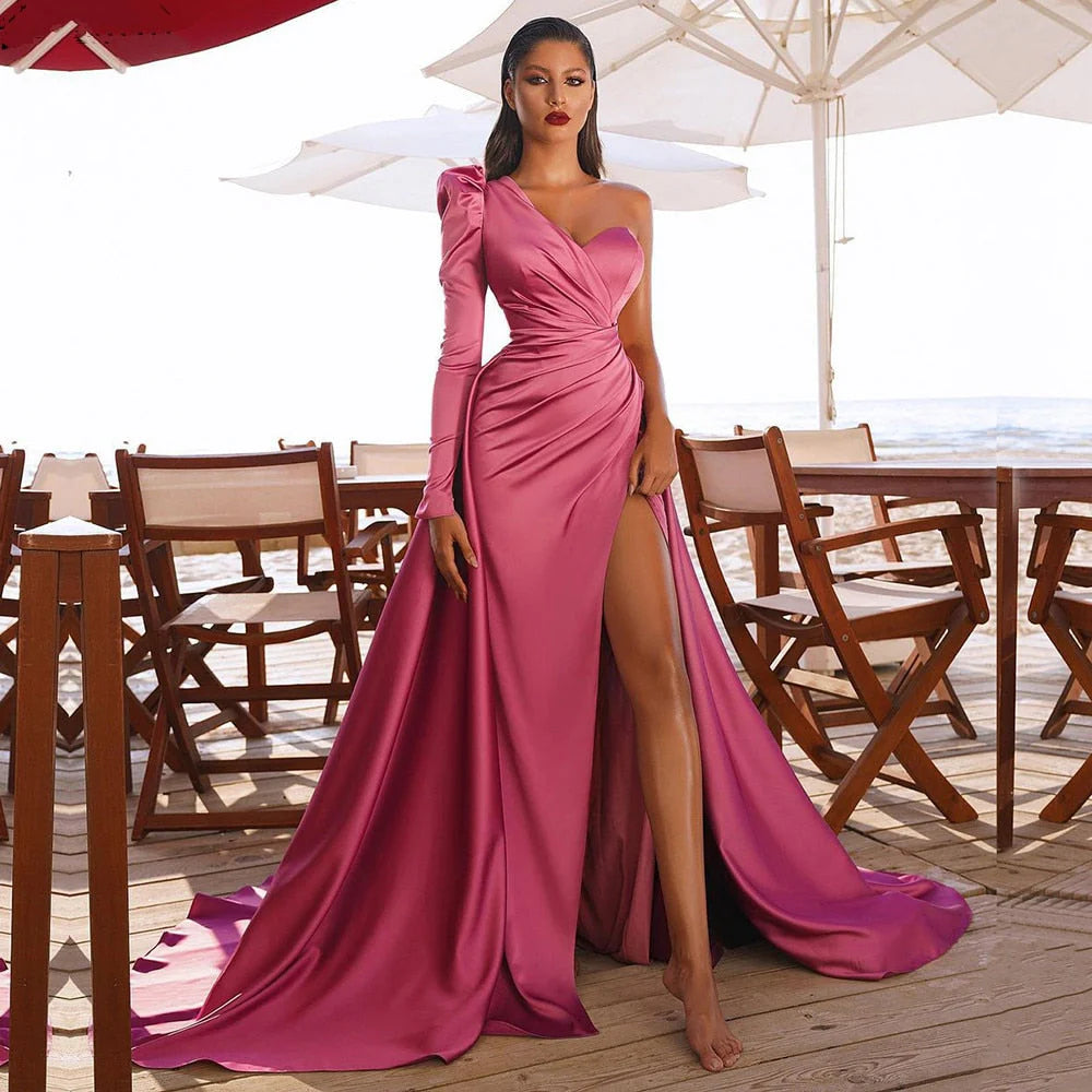 Best-Sellers Plus Size Prom Dresses One Shoulder Ruched Bodice Sheath Satin With High Slit