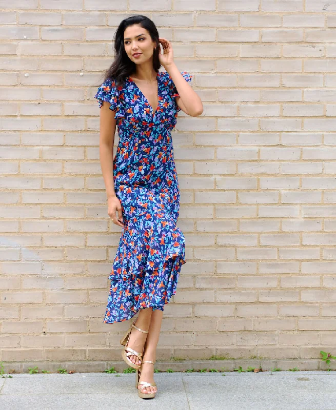 Seasonal Trends Blue Floral Ruffle Midi Dress