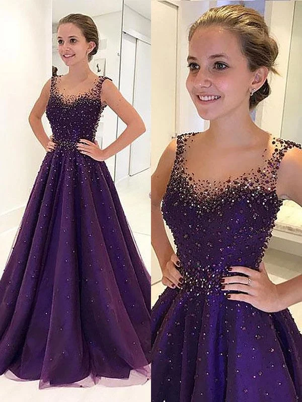 Hot Trends A-Line/Princess Scoop Floor-Length Tulle Sleeveless Beading Dresses