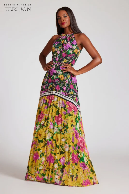 The Epitome Of Modern Women's Fashion Floral Pleated Halter Neck Gown