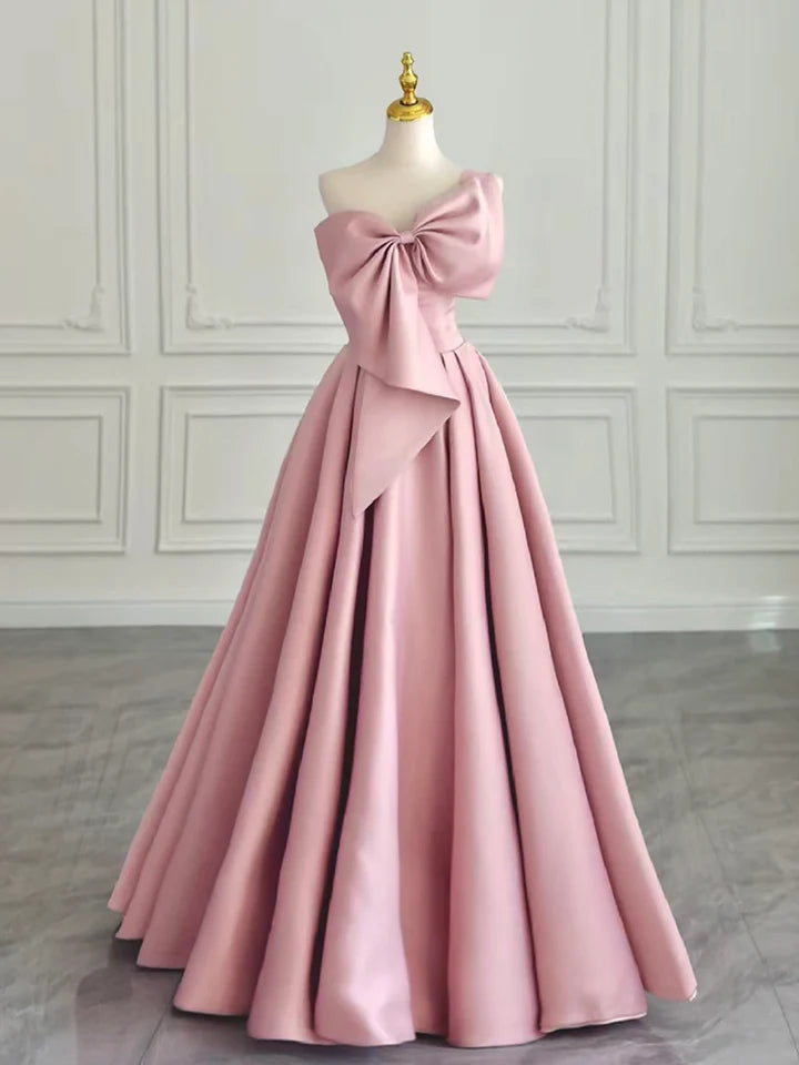 Snag Fabulous Fashion Bargains Sweet A-Line Prom Dress Big Bow knot Neck Wrinkle Satin Long Elegant Dress