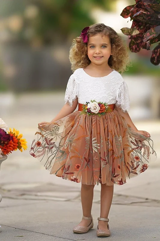 Urban Femme Streetwear Knee Length Burnt Orange Floral Embroidered Flower Girl Dresses