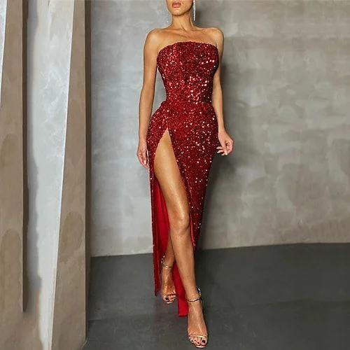 Embrace New Fashion Women's Christmas Party Dress Sequin Dress Maxi long Dress Red Sleeveless Lace Prom Dresses      S1589