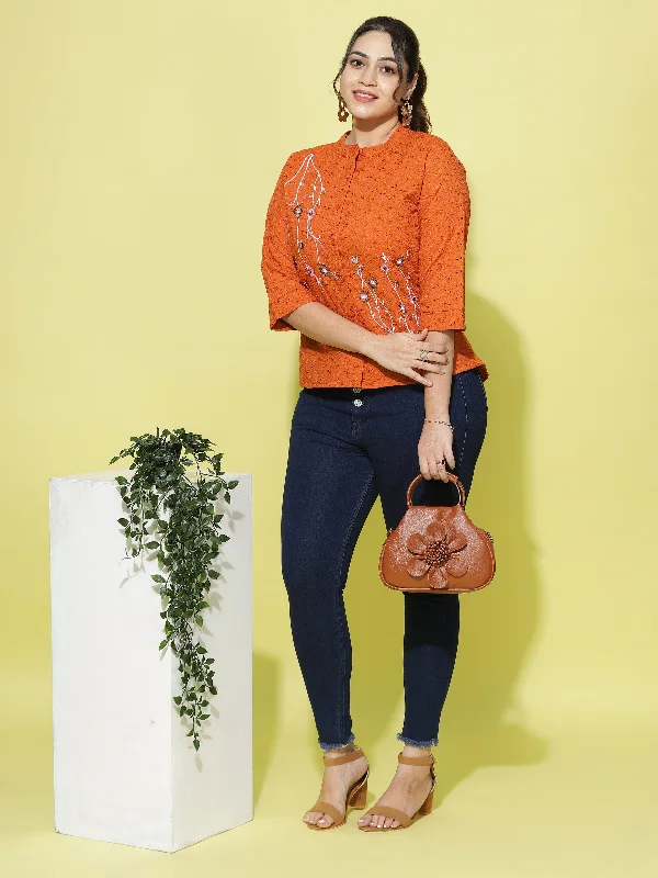 Elegant Style Cotton Top Floral Embroidery Rust