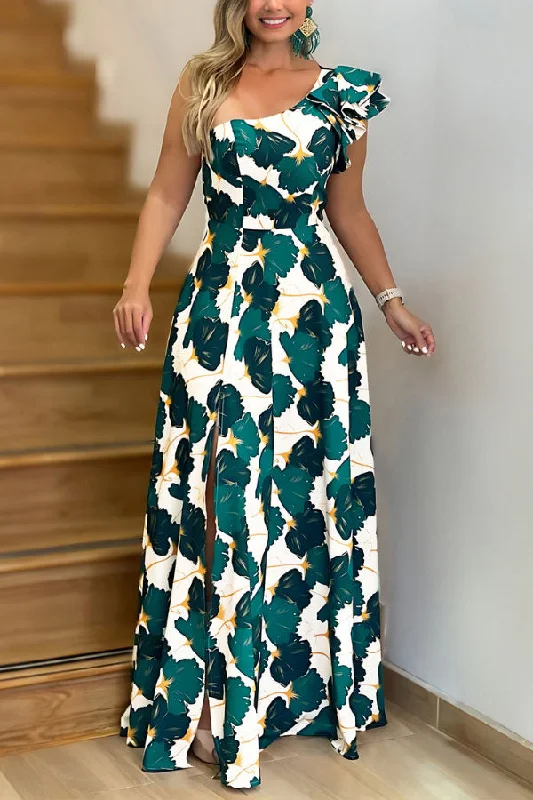 Hurry Before It's Gone Leaf Print Pretty Ruffles One Shoulder High Split Maxi Dress