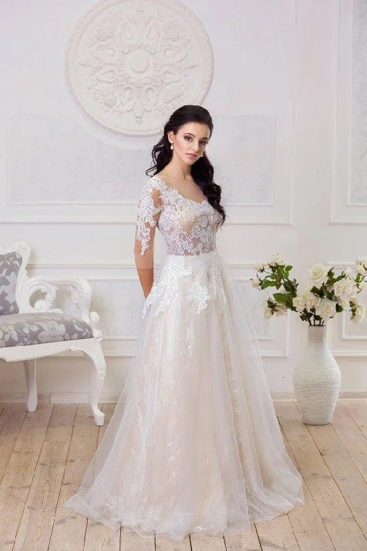 Chic Style A Line Half Sleeve Lace Appliques Wedding Dresses Sweetheart Wedding Gowns