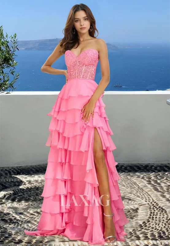 Comfortable Garments For Women Mega Sale Sweetheart Off-Shoulder Sleeveless A-Line Prom Dress Lace Applique Tiered Chiffon Formal Gowns