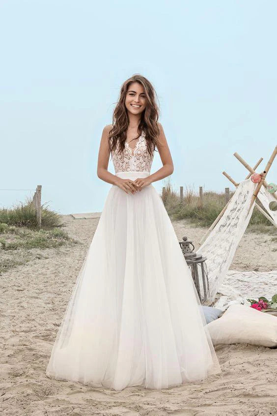 Versatile Wardrobe Essentials A-Line V-Neck Boho Sleeveless Tulle Lace Floor-Length Open Back Beach Wedding Dress