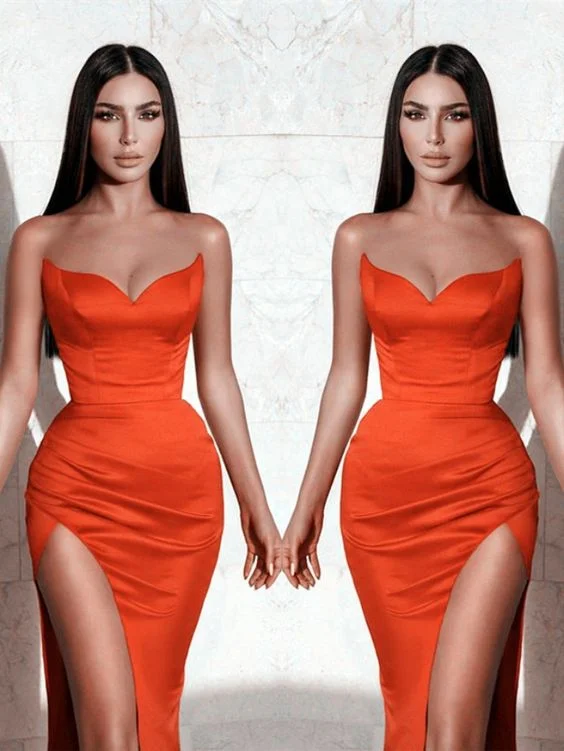 Exclusive Discount Long Sexy Strapless Mermaid Orange Satin Prom Evening Gown With Side Split    cg18408