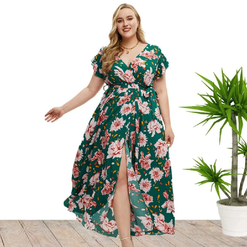 Fashion-Forward Outfits Plus Size Short Sleeve Floral Print Slit Dress