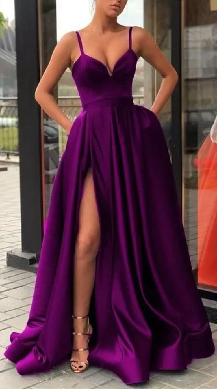 Daily Essentials Satin Long Prom Dresses,Spaghetti Straps Party Dresses,Split Evening Gown    S658