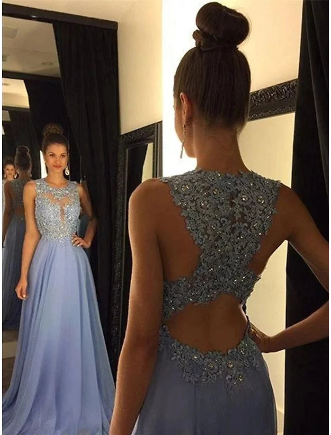 Quick Grab Deals A-Line Empire Prom Formal Evening Dress Jewel Neck Sleeveless Sweep / Brush Train Chiffon with Beading Appliques