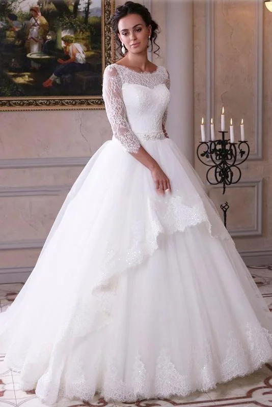 Effortless Style, Endless Impact Ball Gown Lace Tulle 3/4 Sleeves Scoop White Lace up Wedding Gowns Wedding Dresses