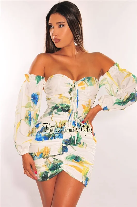 Cutting Edge Fashion White Floral Print Off Shoulder Long Sleeves Ruched Dress