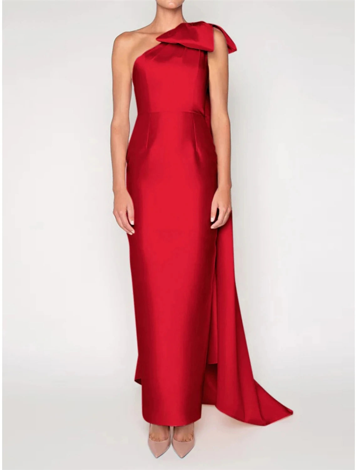 Relaxed Style Sheath / Column Satin Evening Gown Elegant Christmas Dress Formal Sweep / Brush Train Sleeveless One Shoulder with Flower