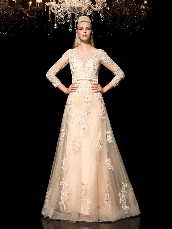 Effortless Style A-Line/Princess Sheer Neck Applique Long Sleeves Long Satin Dresses