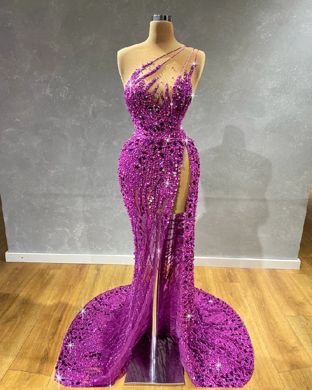 Special Occasion Wear Strapless Embellished Purple Gown with Side Slit