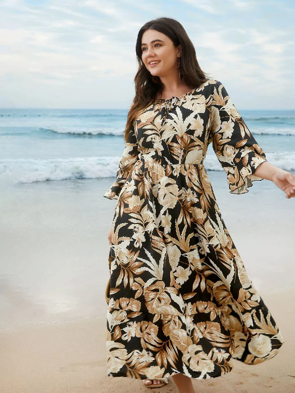 Minimalist Office - Ready Style Tropical Leaf Print Neck-Tie Tiered Midi Dress