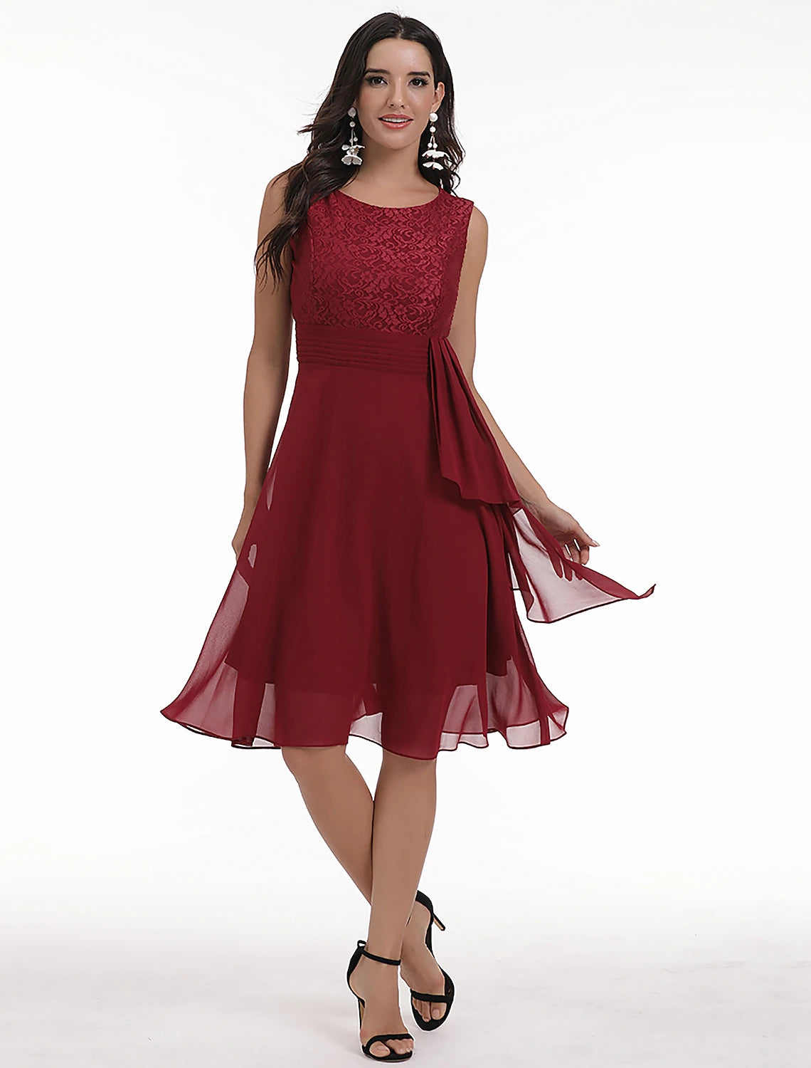 Effortless Style, Endless Impact A-Line Special Occasion Dresses Hot Dress Holiday Homecoming Knee Length Sleeveless Jewel Neck Chiffon with Draping Lace Insert