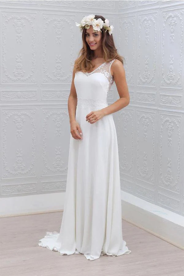 Unleash Your Trendy Side Elegant A-Line Bowknot Chiffon Open Back V-Neck Lace Sleeveless White Wedding Dress