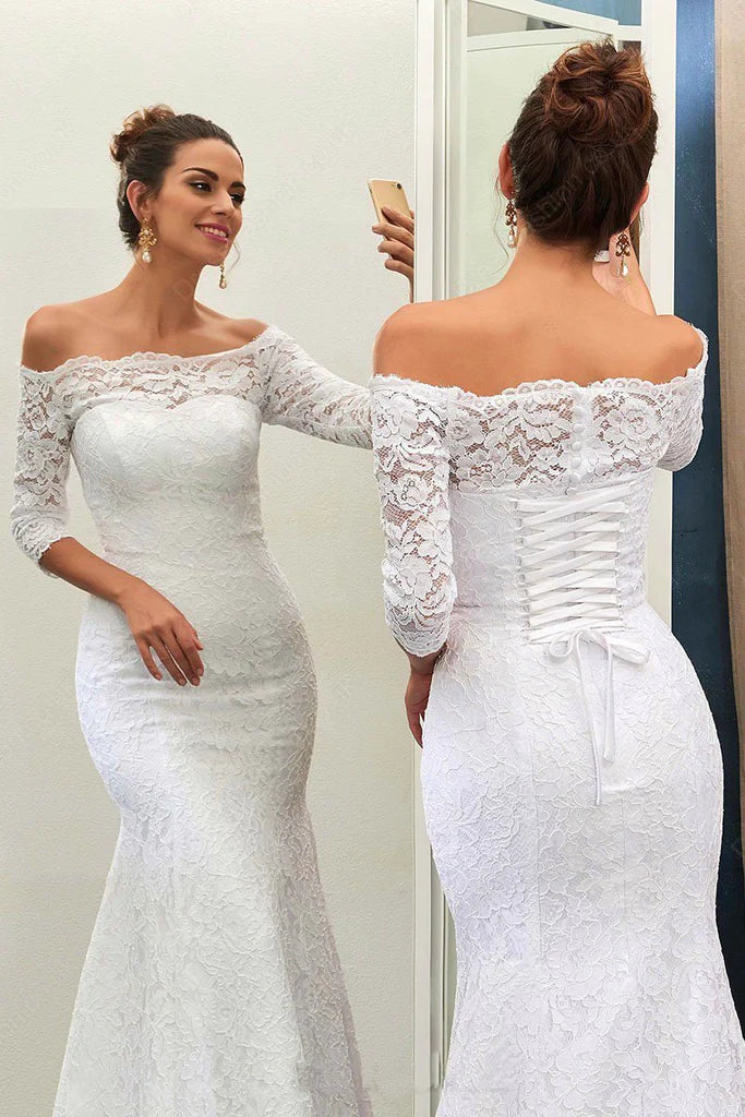 Exclusive Sale Mermaid Off-the-Shoulder Lace Sweep Train 3/4 Sleeve Top Lace-up Wedding Dresses