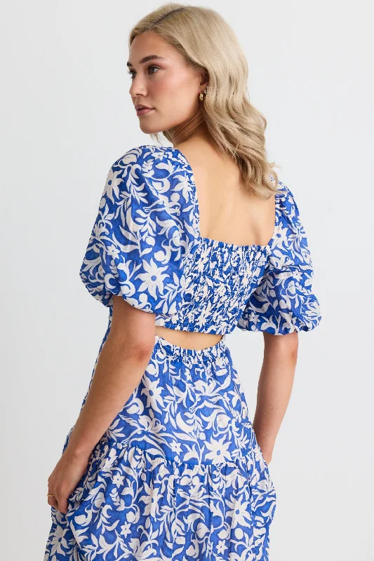 Innovate Your Wardrobe Tranquility Blue Batik SS Cut Out Tiered Midi Dress