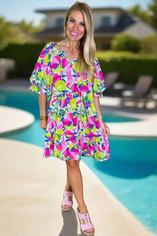 Hot Trends Fruity Floral Pink Mix Poet Sleeve Dress