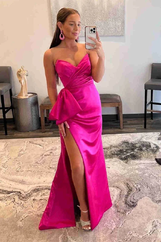 You'Ll Love Us Because Strapless Satin Floor Length Prom Dresses With Slit & Bowknot