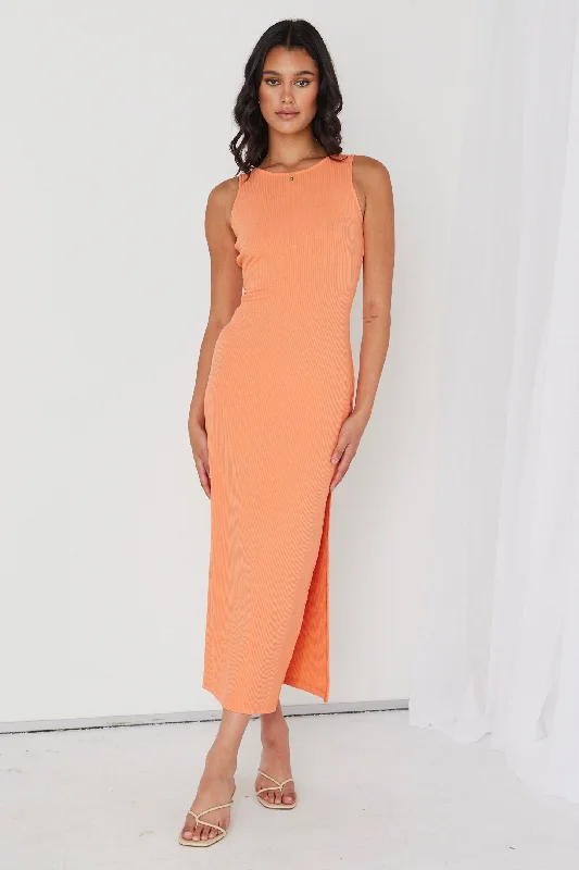 Break Fashion Norms Malibu Orange Rib Twist Sleeveless Midi Dress